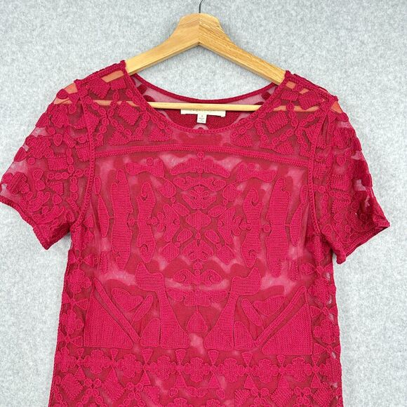 Everleigh Top Womens Small Maroon Red Lace Short Sleeve Sheer - Picture 2 of 8